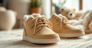 Chaussures bébé de différentes tailles posées sur un fond clair pour illustrer le guide des pointures