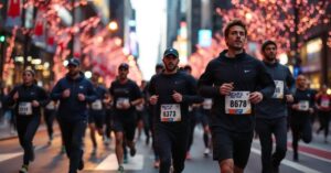 Coureurs du New York City Marathon traversant les rues animées de la ville sous un ciel lumineux