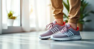 Chaussure de course à pied femme posée sur fond neutre, vue panoramique moderne