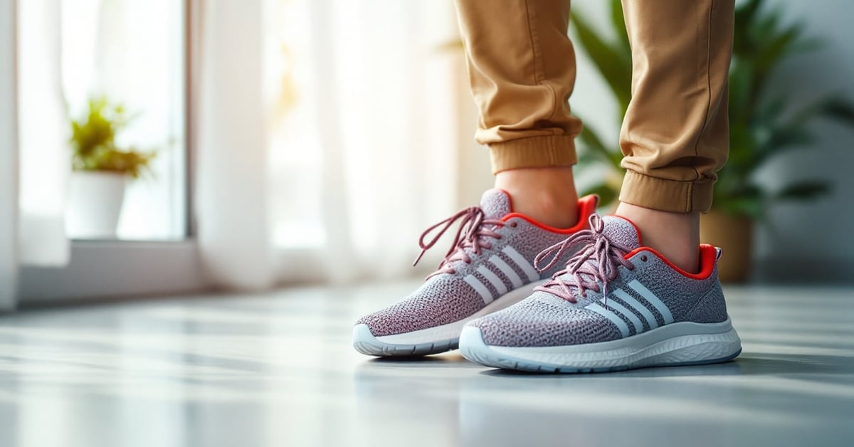 Chaussure de course à pied femme posée sur fond neutre, vue panoramique moderne