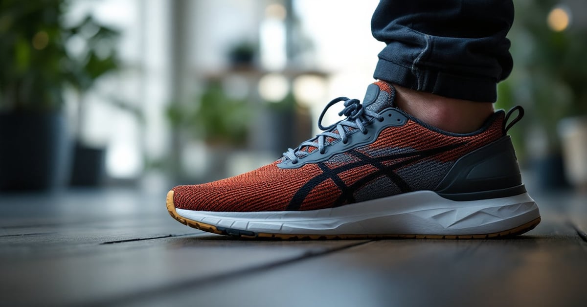 Chaussure de course à pied homme posée sur fond épuré, vue de profil en composition panoramique