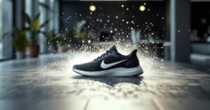 Chaussure de course Decathlon posée sur fond moderne, vue panoramique