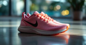Chaussure de course pour femme posée sur fond neutre, photo éditoriale naturelle en format panoramique