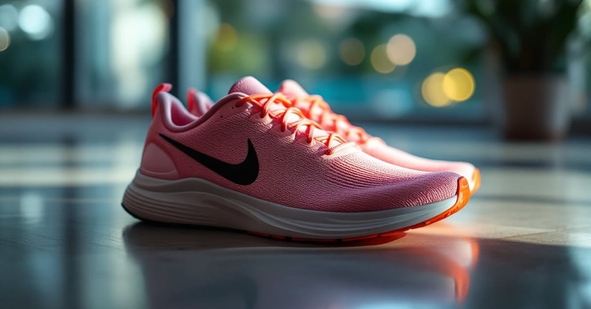 Chaussure de course pour femme posée sur fond neutre, photo éditoriale naturelle en format panoramique