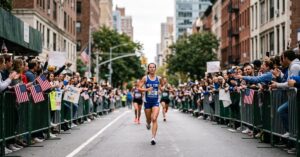 Coureurs au Marathon de New York 2026 traversant les rues emblématiques de la ville