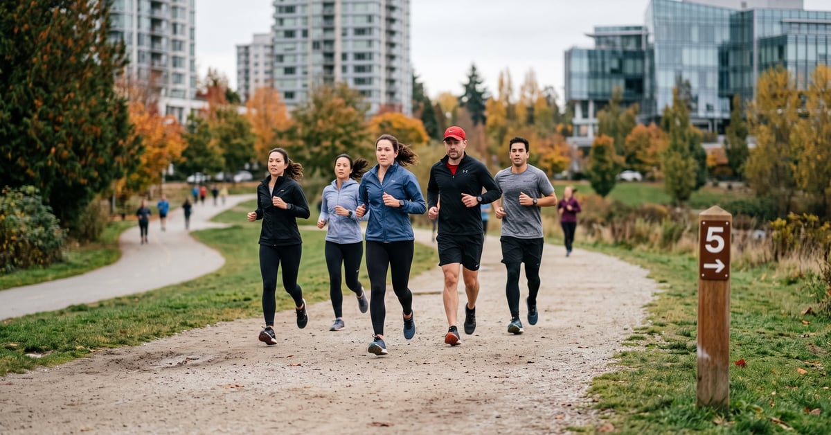 Coureur en plein effort lors d'une course 5km sur route, tenue de running moderne
