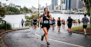 Coureur en plein entraînement marathon sur une route, tenue de sport, effort visible