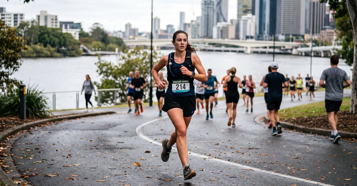 Coureur en plein entraînement marathon sur une route, tenue de sport, effort visible