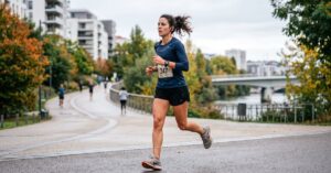 Coureur en entraînement semi-marathon sur route, plan de course et récupération sportive