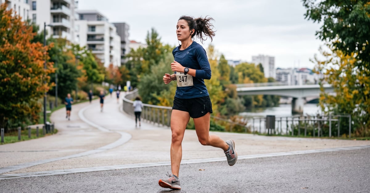 Coureur en entraînement semi-marathon sur route, plan de course et récupération sportive