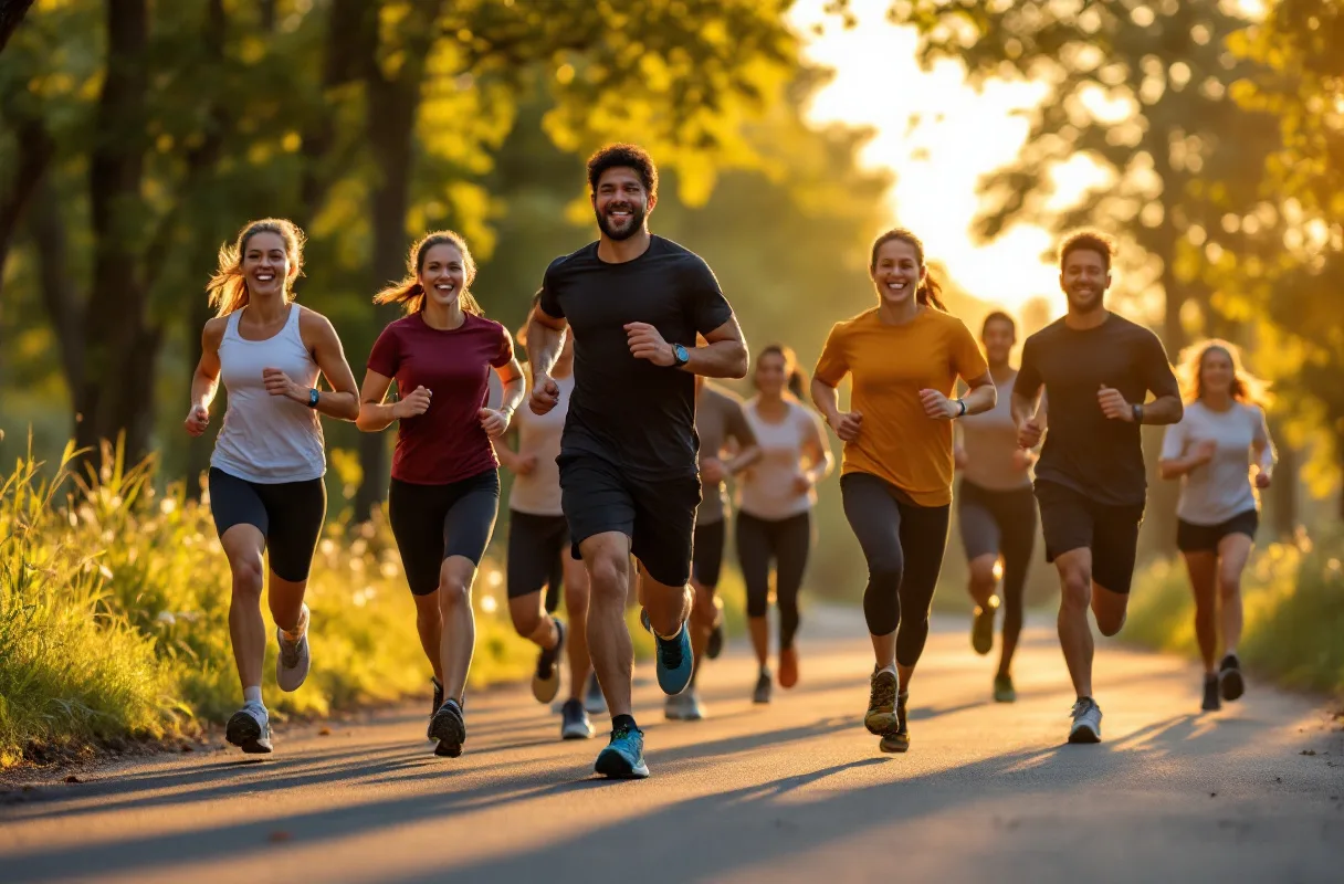 Groupe de coureurs et coureuses aux profils variés s'entraînant ensemble au lever du jour