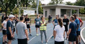 Programme course à pied : coureur en entraînement sur route, vue panoramique naturelle