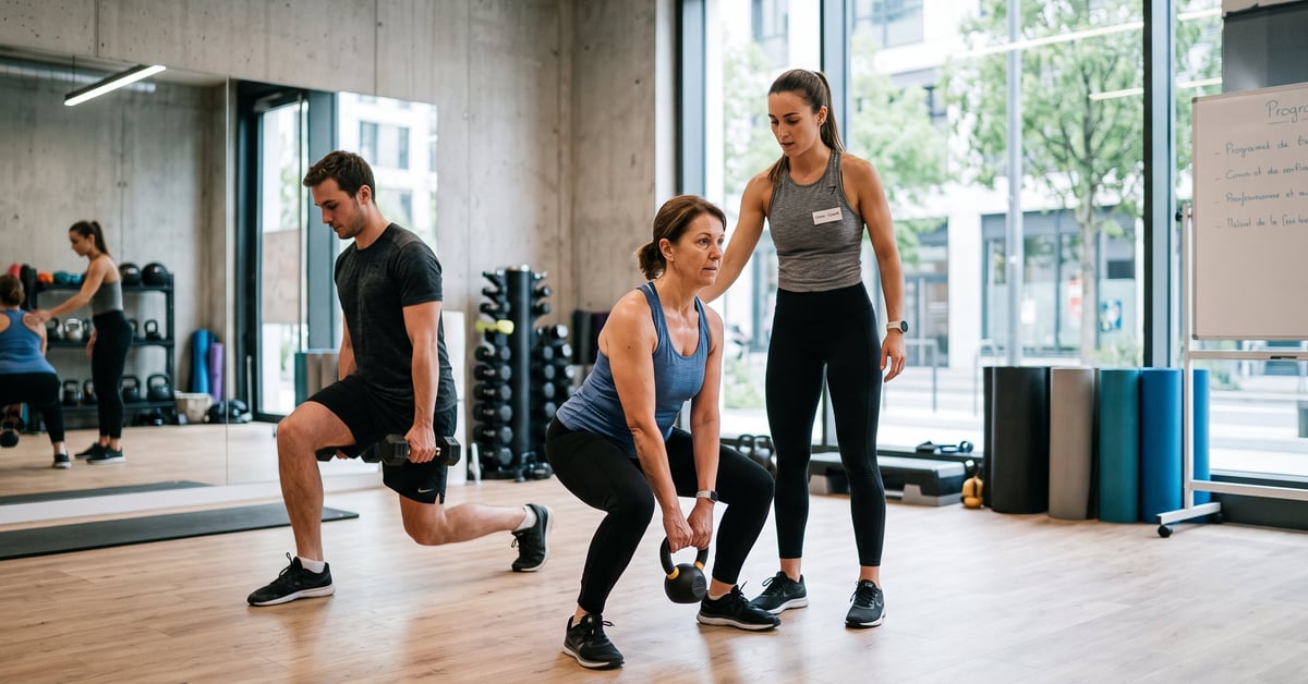Homme en salle de sport suivant un programme renforcement musculaire avec haltères et équipements modernes